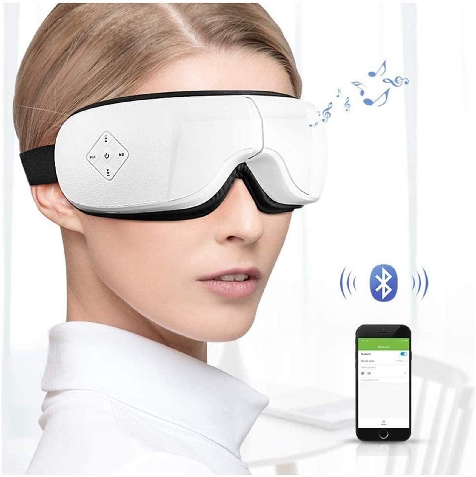 Masajeador de ojos eléctricos con calor, compresión de aire, música bluetooth, masajeador de ojos inalámbricos para aliviar los ojos secos, la fatiga ocular, la mejora de la circulación sanguín