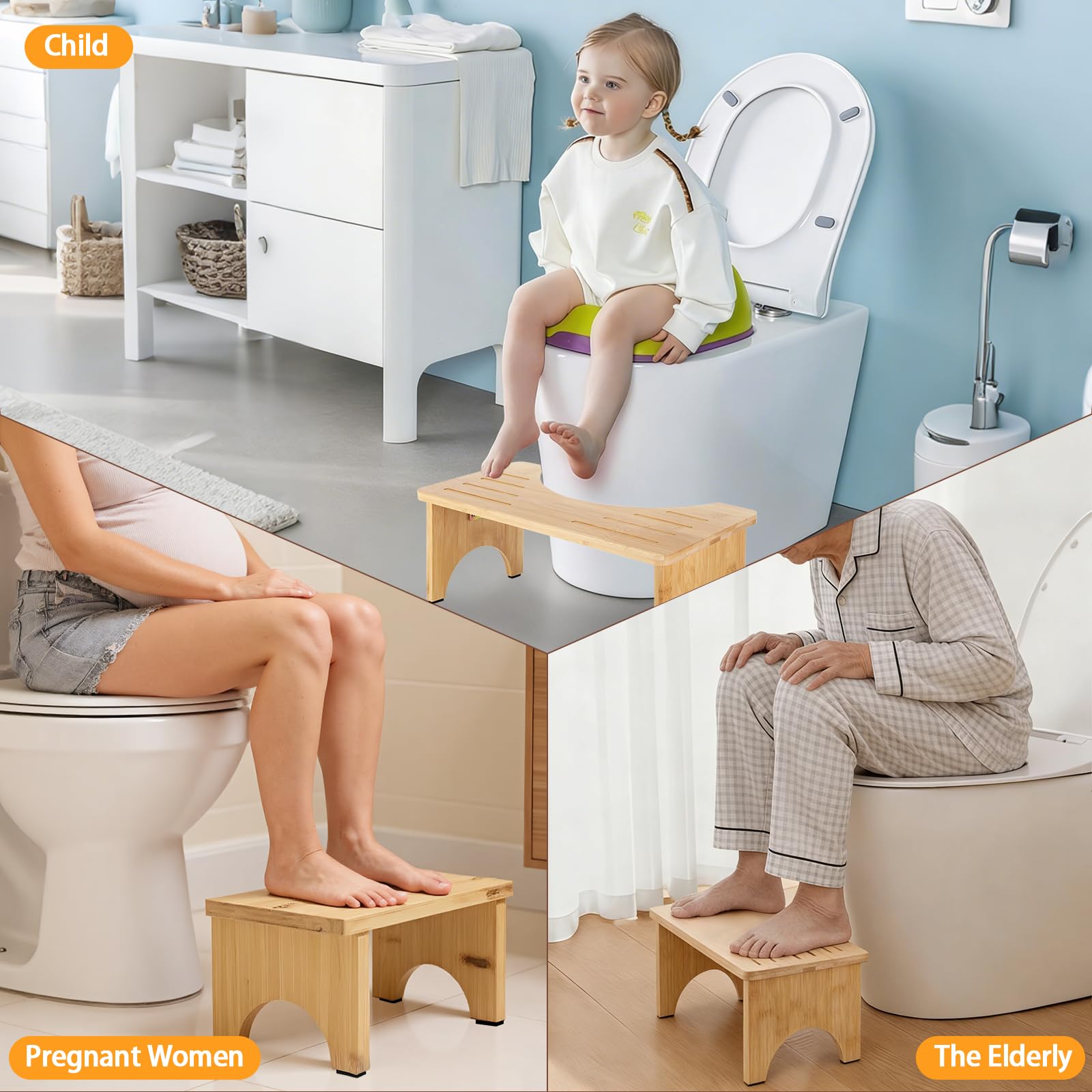 Sgabello WC Pieghevole Legno, Sgabello WC Adulti, Sgabello Pieghevole Bagno per WC, per Adulti e Bambini, Ergonomico per Promuovere la Digestione, Sgabello Salvaspazio per WC e Bagno