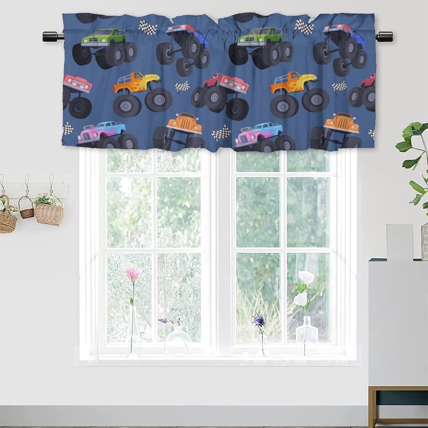 Boys Monster Truck Blackout Curtain Valances,Colorful Cartoon Sports Theme Monster Trucks Energy Efficient Rod Pocket Curtain Window Valances for Kitchen Windows 54x18inch（2Pcs）