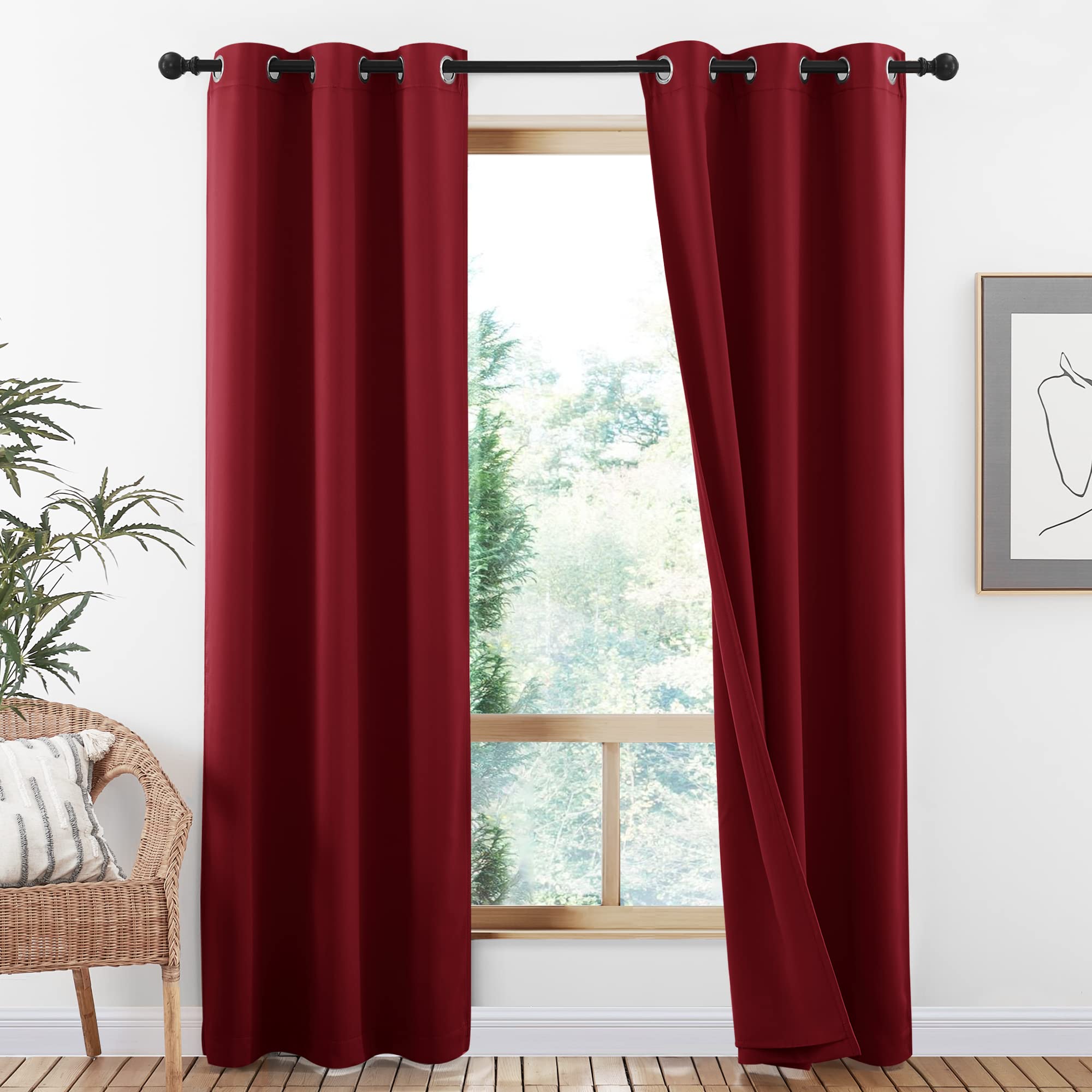 NICETOWN 100% Blackout Curtains with Same Color Liner Backing, Thermal Insulated Curtains for Bedroom, Noise Reducing Drapes, Red, 42" Wide x 84" Long Per Panel, Set of 2 Panels