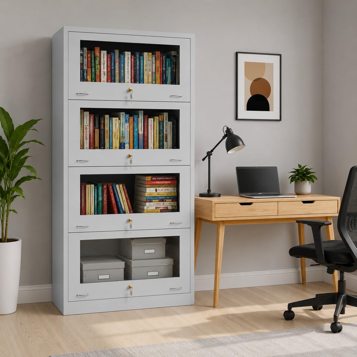Amazon Brand - Solimo Steel Bookrack| Bookshelf for Library/Home | Book Cabinet | Glassdoor Steel Book Cabinet for Home Library Kitchen-Light Grey-image-26