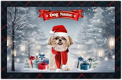 kobalo Tapete personalizado de Navidad para puerta de bienvenida de perro Shih Tzu, tapete de Navidad personalizado para interiores y exteriores,