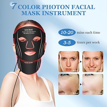 LED Light Therapy Face & Neck Mask, Led Face Light Therapy Mask with 7 Colors, Silicone Facial Mask for Skin Care, Skin Tightening Anti-Aging, Home Skincare