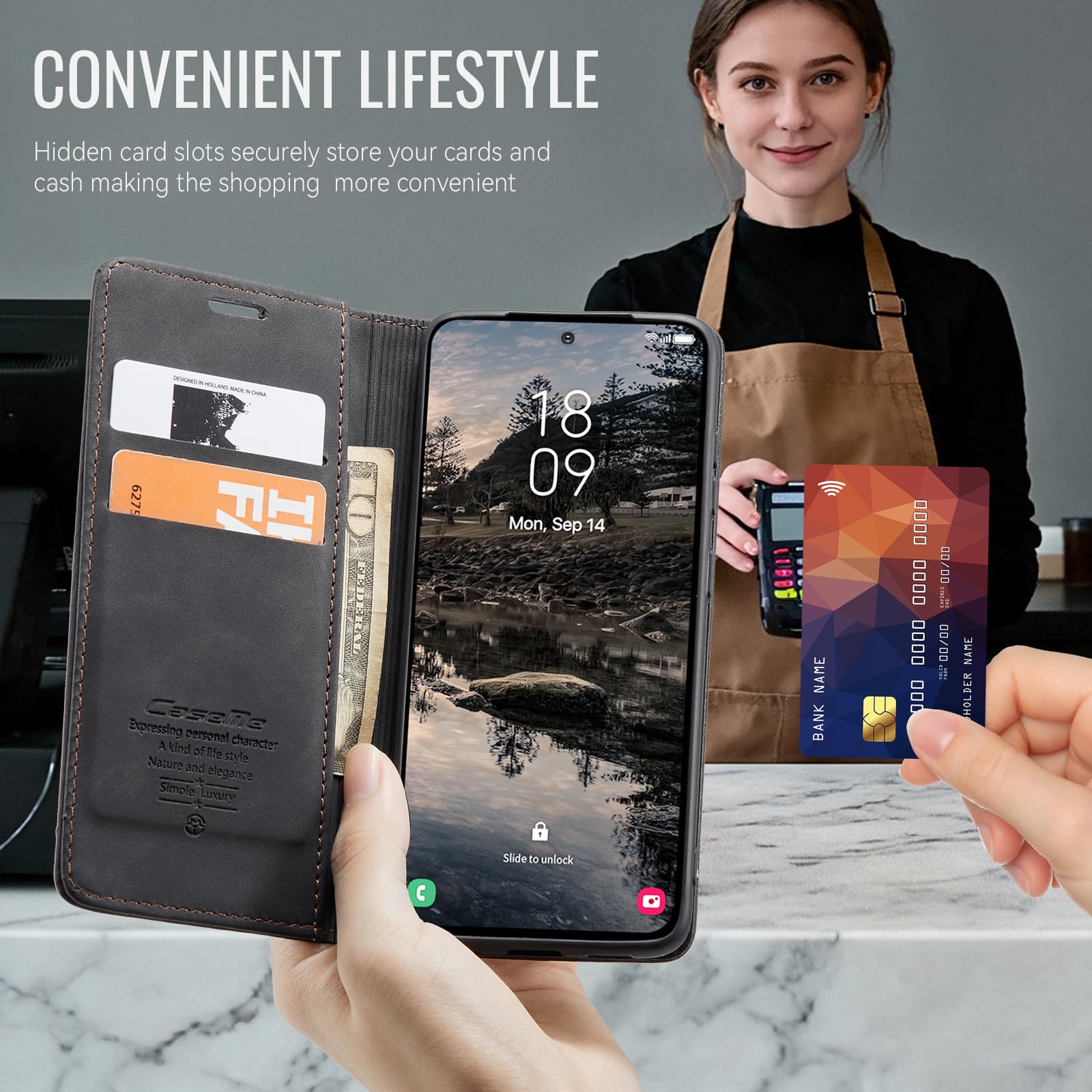 KZB Etui Portfelowe do Samsung Galaxy S23 5G z klapką etui ze skóry PU Premium portfel przegródki na karty magnetyczne funkcja stojaka, Czarny