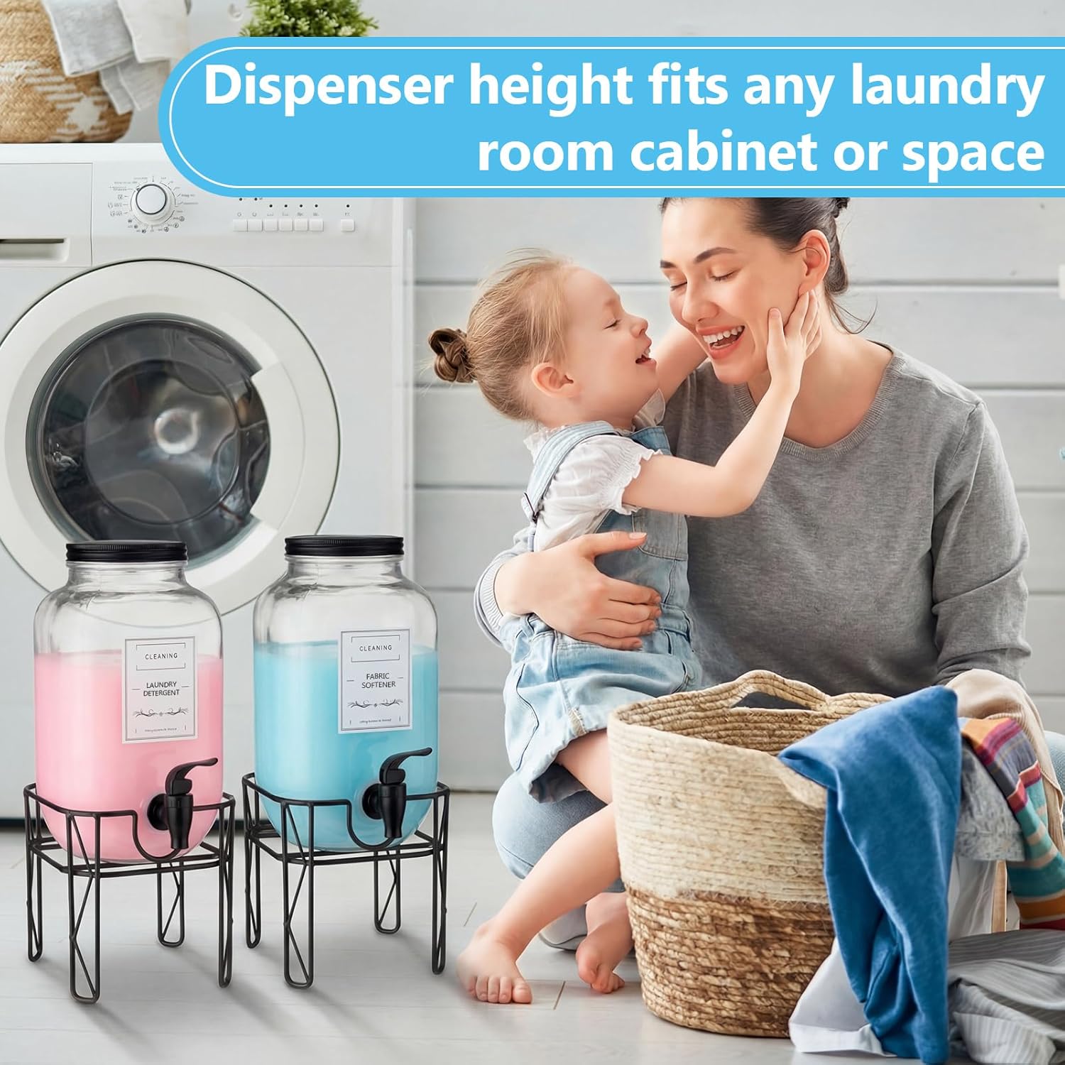 FillTouch 2 Pack 1 Gallon/128 oz Glass Laundry Detergent Dispenser, 3.8 L Liquid Soap Dispenser with Stand, Measuring Cup and Label, Fabric Softener, Liquid Bleach Container, Laundry Room Organization