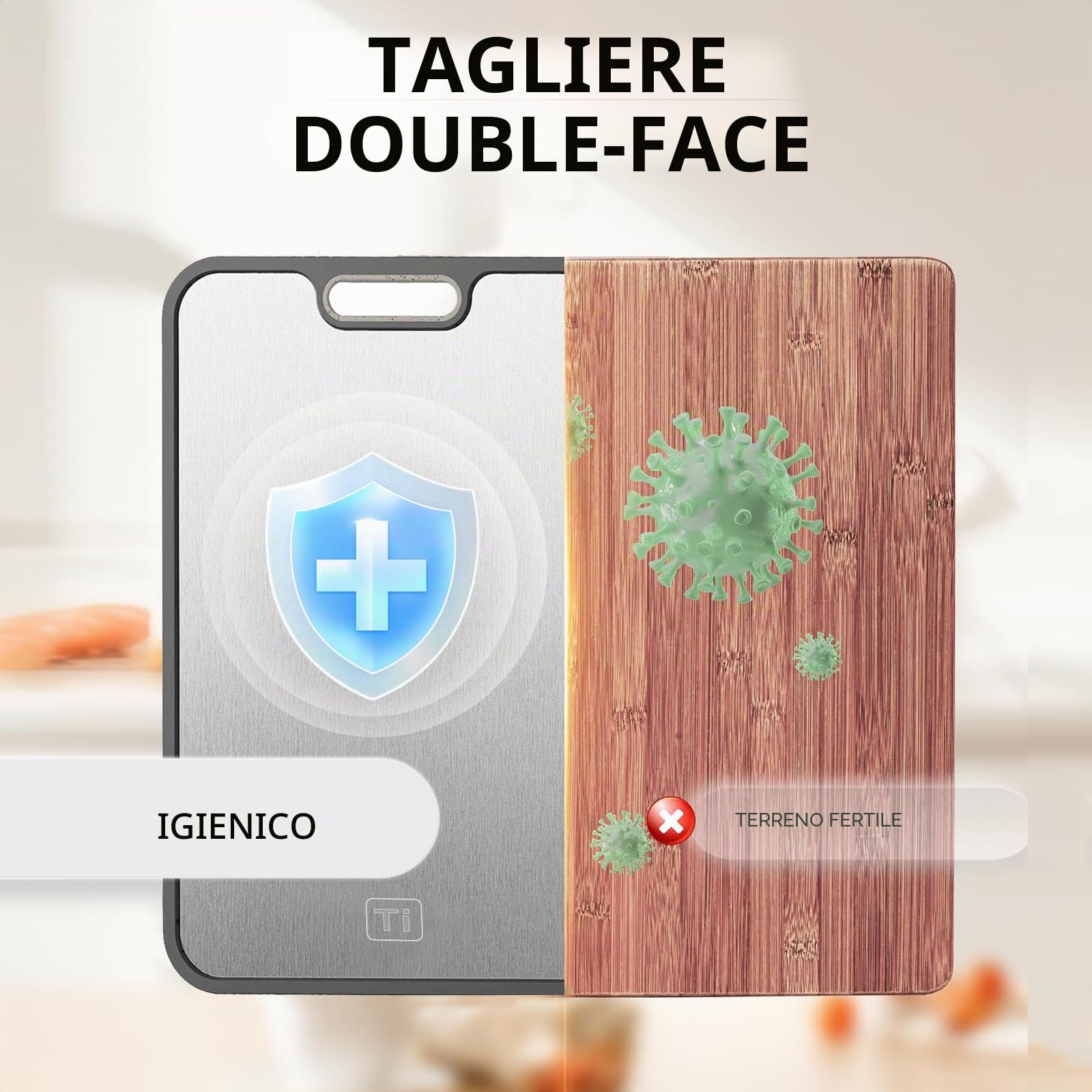 FOLAI Tagliere in titanio, 1 pezzo, double face, con scanalature e manici antiscivolo, tagliere professionale, lavabile in lavastoviglie, dimensioni 38,5 x 26,5 cm