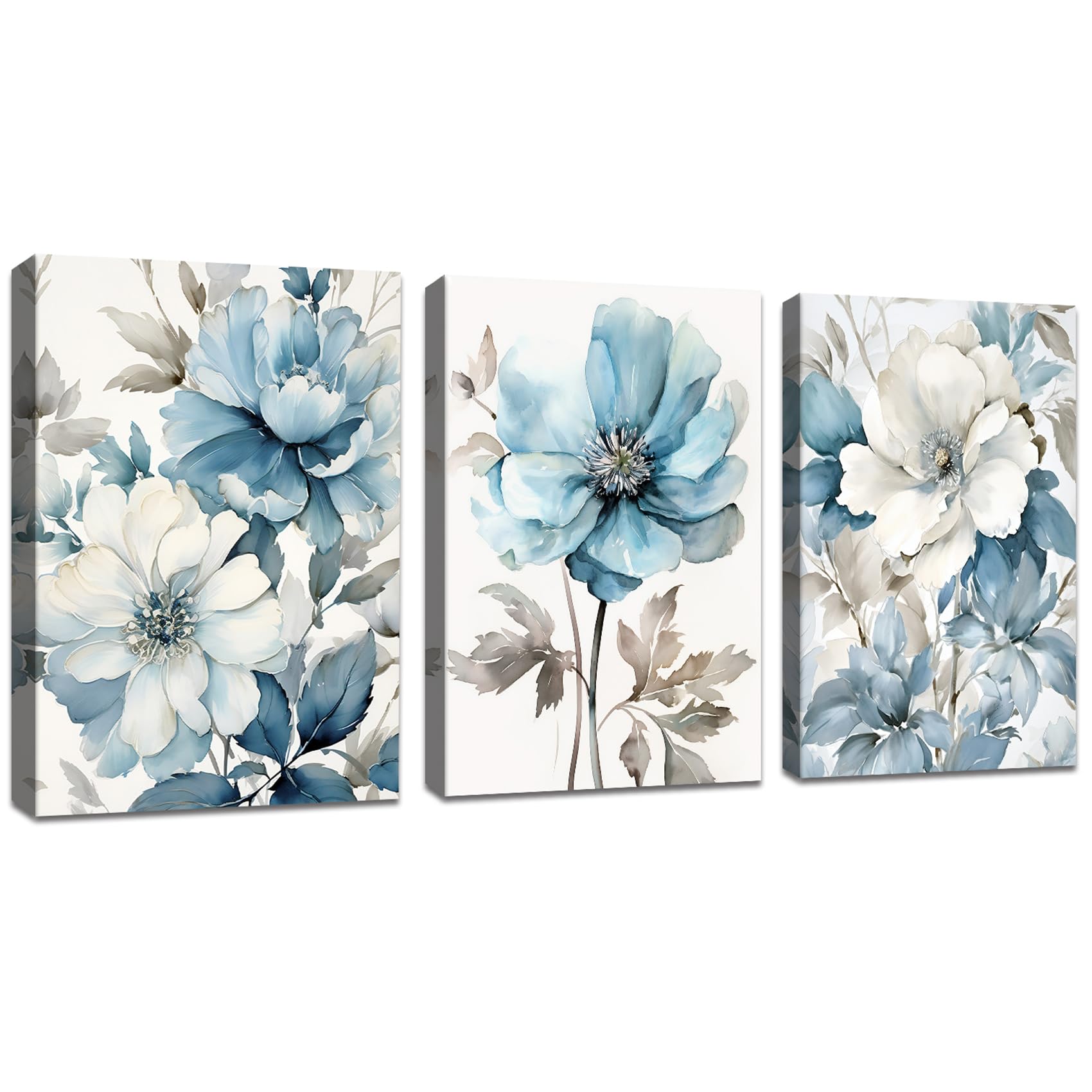 3Pcs Marco de madera Cuadros Decoracion Salon Modernos Flores Grises y Azules Tinta Cuadros Abstractos Pintura Lienzos decorativos Dormitorio Comedor Decoración de Pared Listo para colgar 30x40cmx3