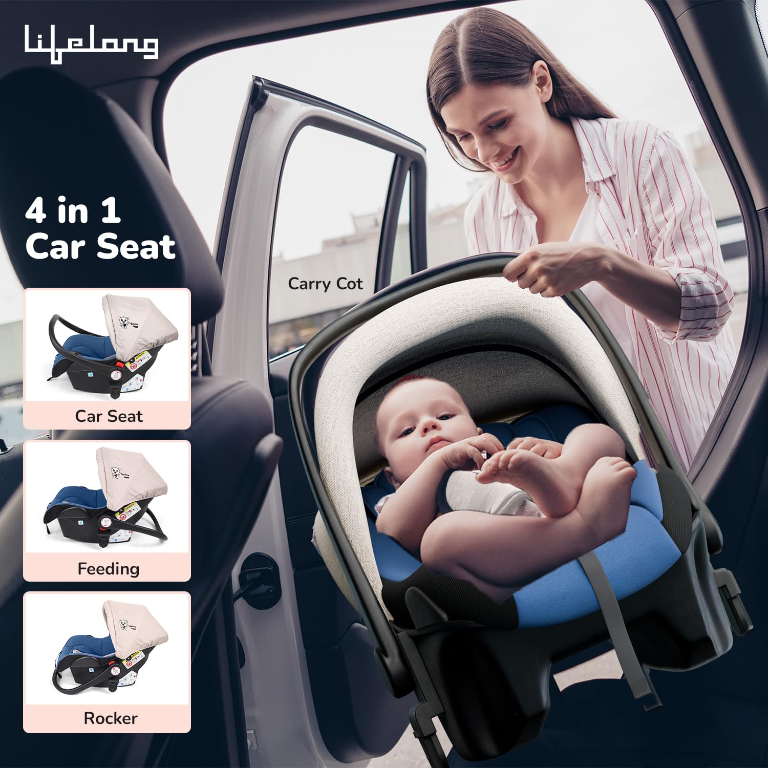 Lifelong Cuppy Baby Strollers 0 to 3 Years - 4 in 1 Stroller/Pram,Car Seat,Bassinet & Carry Cot - Sturdy Stroller with Bottle Holder & Mosquito Net|Foldable & Pram,Blue Beige - Image 6 thumbnail