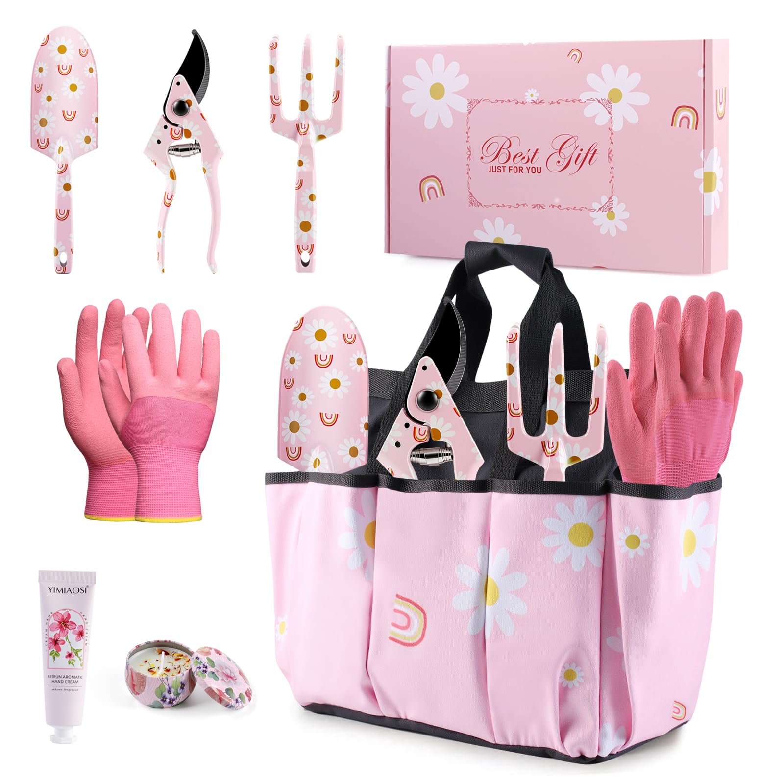LYMYBETY Gardening Gifts for Women Mum, 7-Piece Garden Tool Set with Daisy Print Metal Garden Tools Sets, Gift Box, Hand Cream, Candle for Birthday, Retirement Gifts, Christmas, Mothers Day Presents