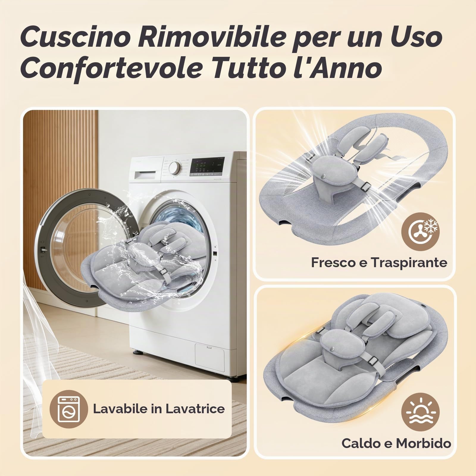 Sdraietta Neonati Elettrica, Dondolo Automatico con Schienale 3 Posizioni | 5 velocità, 12 melodie rilassanti, timer 8/15/30 min, telecomando, cuscino rimovibile, 3 alimentazioni