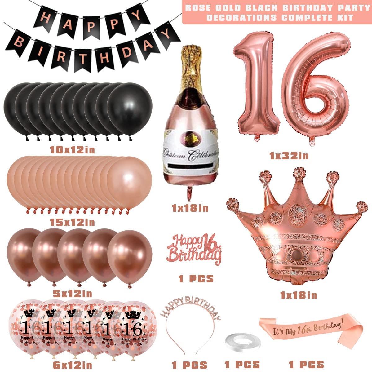Set Decorazioni Per 16° Compleanno Ragazza – Oro Rosa – Palloncini, Ghirlanda, Fascia E Topper - 4