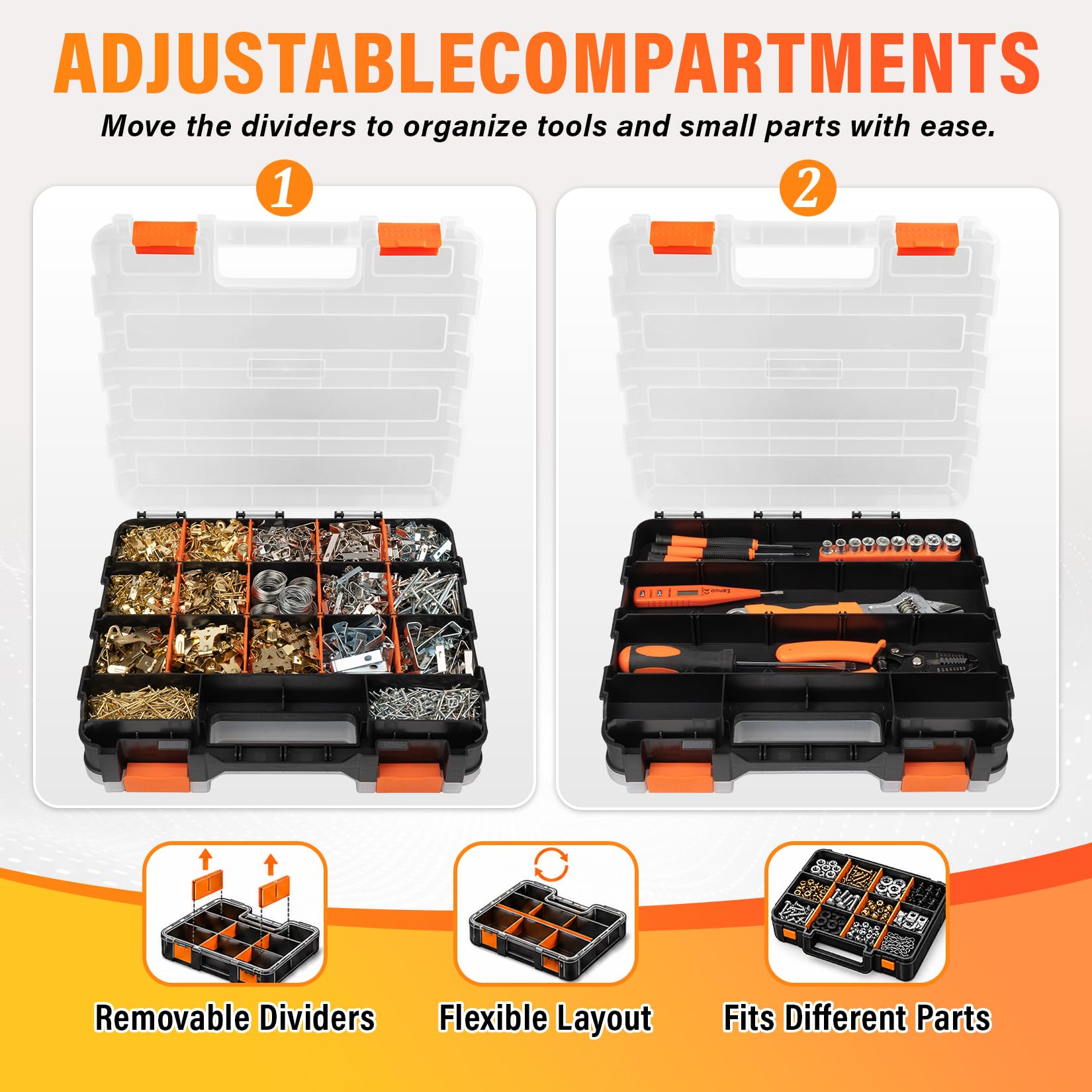 DIYSELF Organizer per viti, organizer a 34 scomparti per piccole parti, organizer per hardware con spazio regolabile, scatola portaoggetti con coperchio trasparente per hardware, artigianato, perline