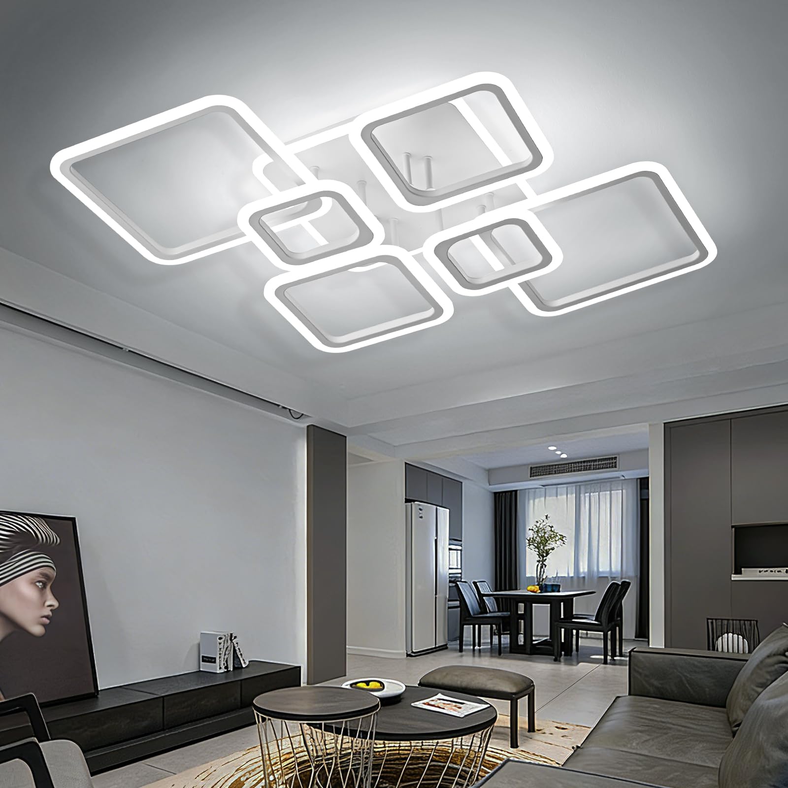 OKELI Plafoniera LED Soffitto, Lampada da Soffitto 48W con 7 Elementi Quadrati in Acrilico, Grande Lampada da Soffitto per Soggiorno, Camera da Letto e Cucina, 6000K.