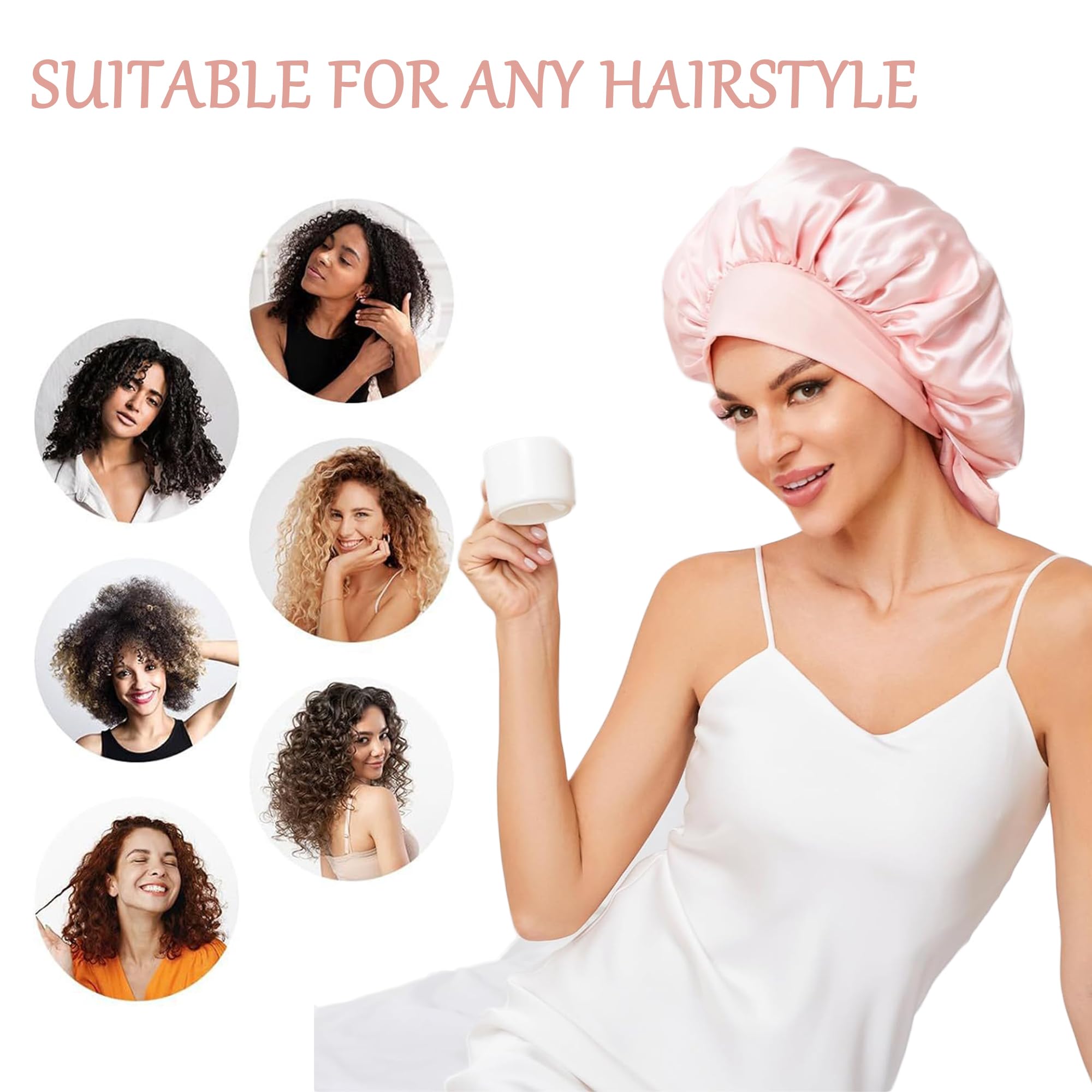 BONNET QUEEN Cuffia Seta Capelli Notte Regolabili Cuffia Capelli Ricci Bonnet con Lacci Lunghi Morbida e Protettiva Anti-Crespo, Rosa, L