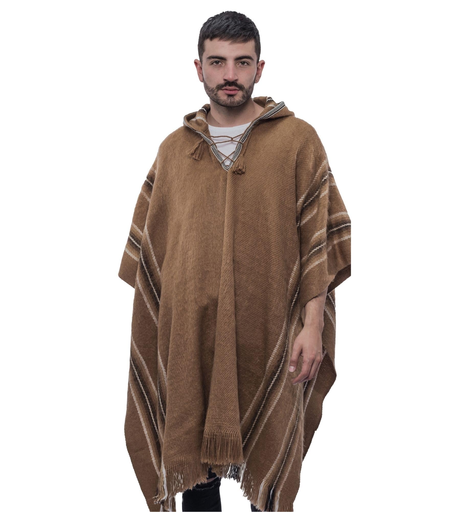 Gamboa Alpaca peruwiańskie ponczo z kapturem, rustykalne ponczo dla mężczyzn, jasnobrązowy, Rozmiar uniwersalny