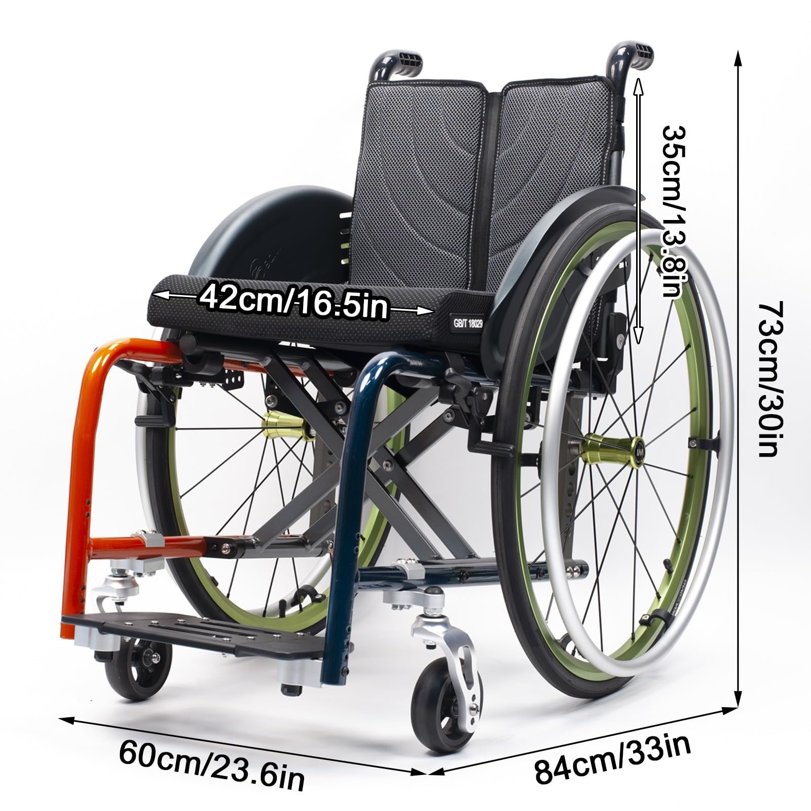 Silla de ruedas deportiva plegable, silla de ruedas de transporte liviana, sillas de ruedas manuales autopropulsadas de aleación de aluminio con antivuelco(40cm/15.7in)