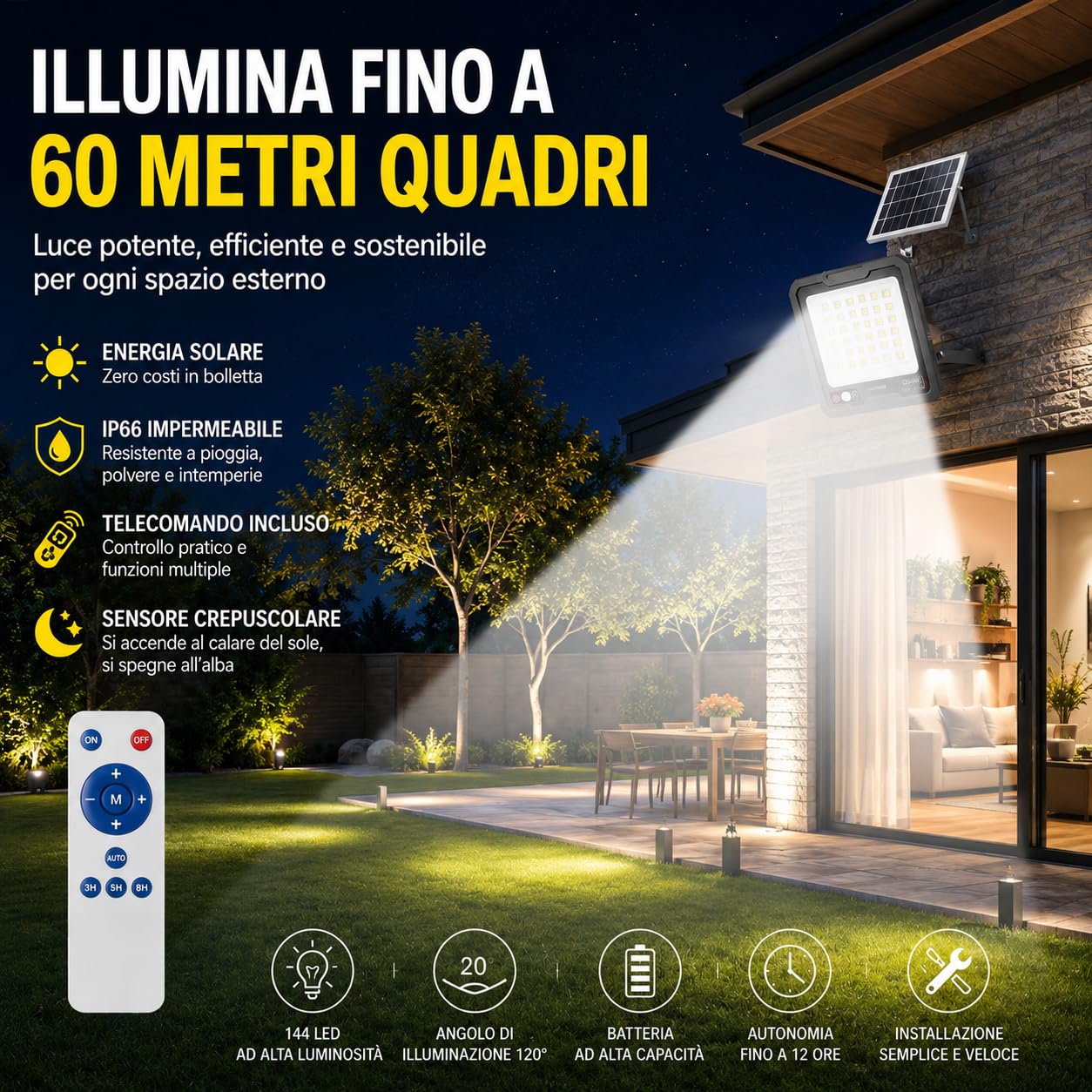 Generico Faretto Solare LED 1000W con Pannello Solare Esterno, Sensore di Movimento PIR, Telecomando, Batteria 5400mAh, 144 LED Alta Luminosità, Impermeabile IP66 per Giardino, Cortile, Garage