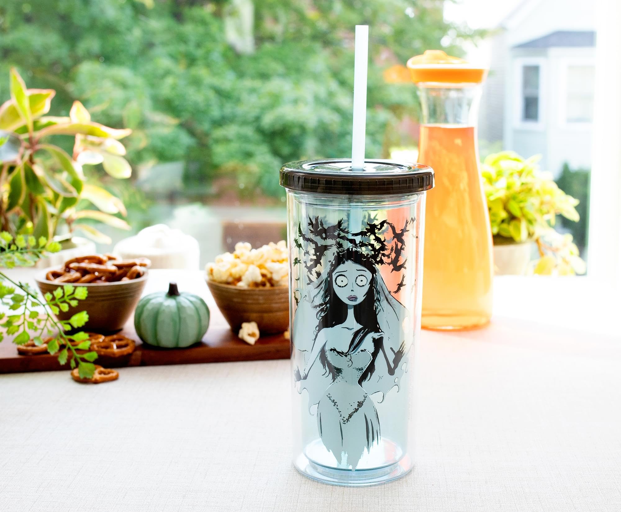 Silver Buffalo Tim Burton's Corpse Bride Emily Plastic Carnival Cup With Spill-Resistant Lid and Reusable Straw | Double-Walled Travel Tumbler For Drinks | Holds 20 Ounces