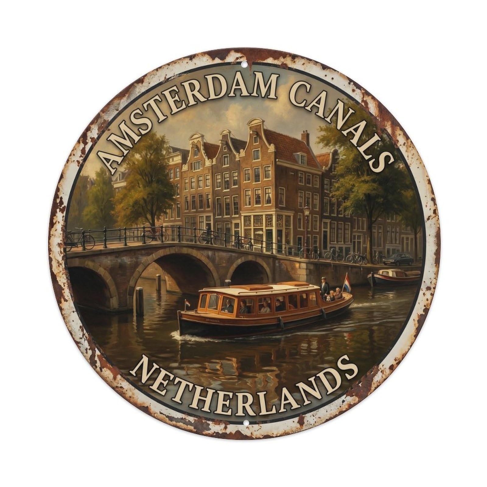 Vintage Travel Canal Boat Amsterdam Metal Tin Sign Plaque Wall Decor for Cafe, Club, Garden Round Metal Poster 8x8Inch