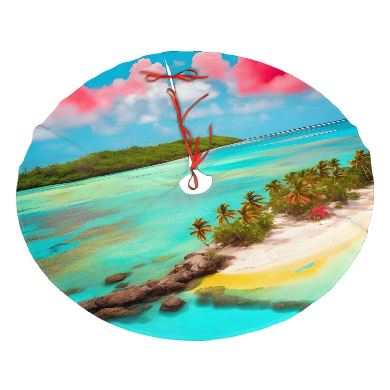 Caribbean Scenery Printed Christmas Tree Skirt Christmas Plush Tree Skirt 48 inches (About 112.2 cm) Christmas