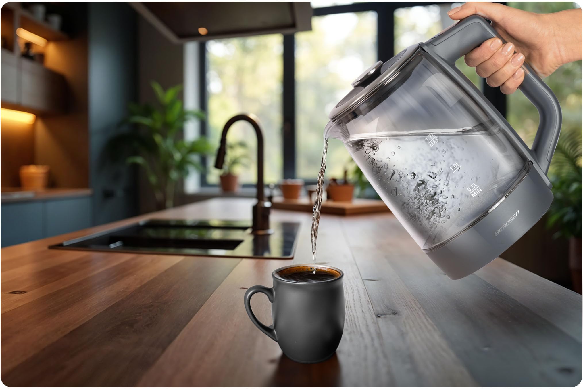Berdsen Hervidor de agua con ajuste de temperatura, cristal de borosilicato, 1,7 L, función de mantenimiento del calor, panel táctil, indicador de temperatura, iluminación interior gris