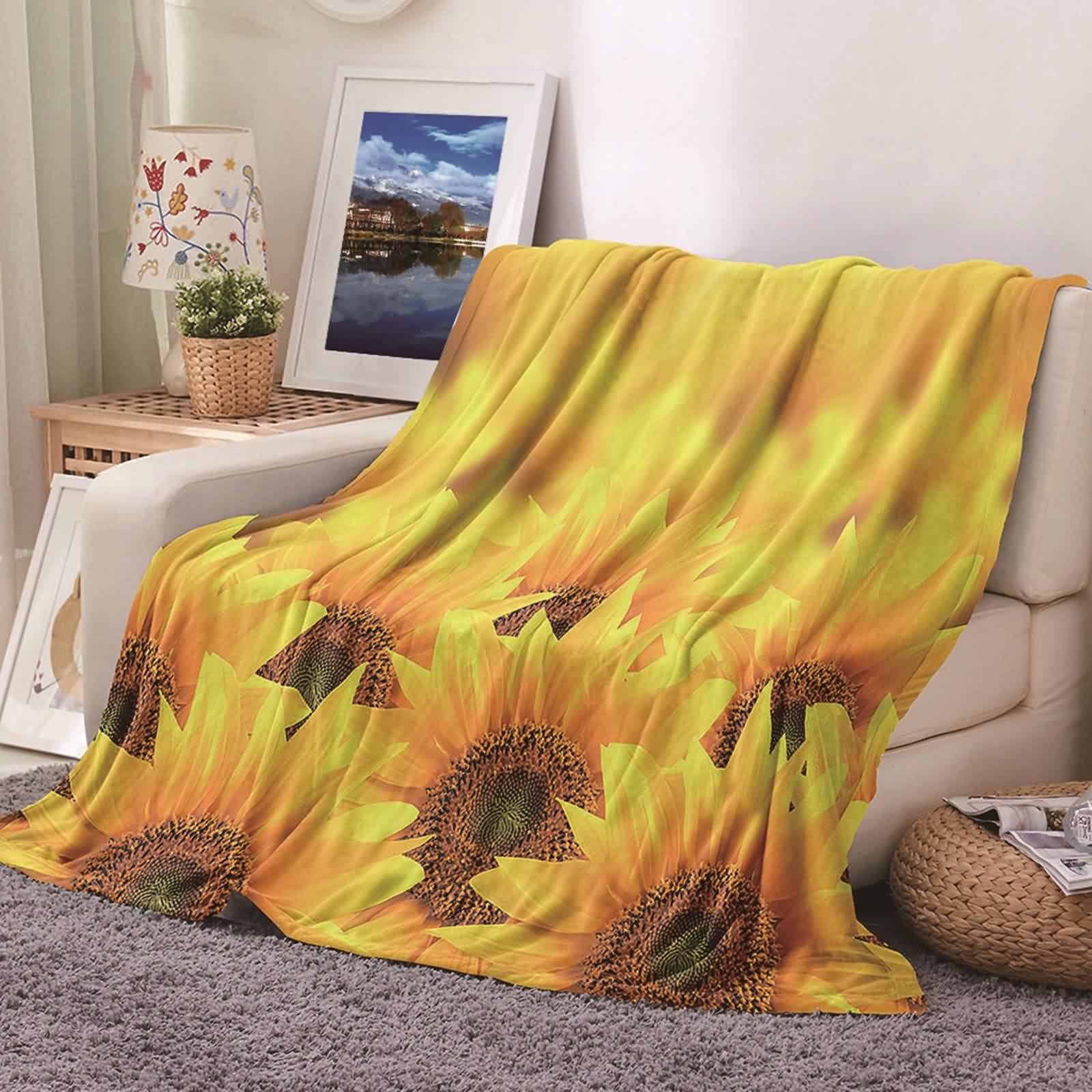 Koc na łóżko, żółty, koc polarowy narzuta na zimę flanelowy słonecznik 160 x 200 cm na sofę do biura samochodu miękki ciepły prezent