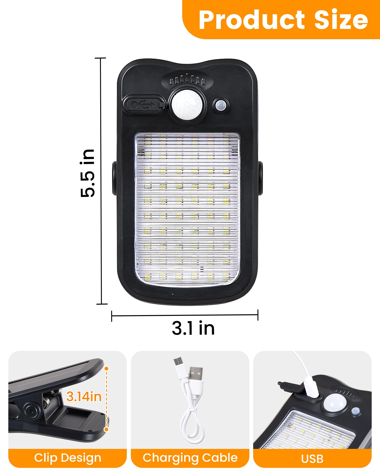 LIFENGSOLAR Solarleuchten zum Anklippen für Zaun, 3 Modi, Solar-Bewegungslichter, Outdoor, wasserdicht, 60 LEDs, 500 lm, tragbares Sicherheitslicht für Zaun, Deck, Garage, Camping, USB-Aufladung, 4