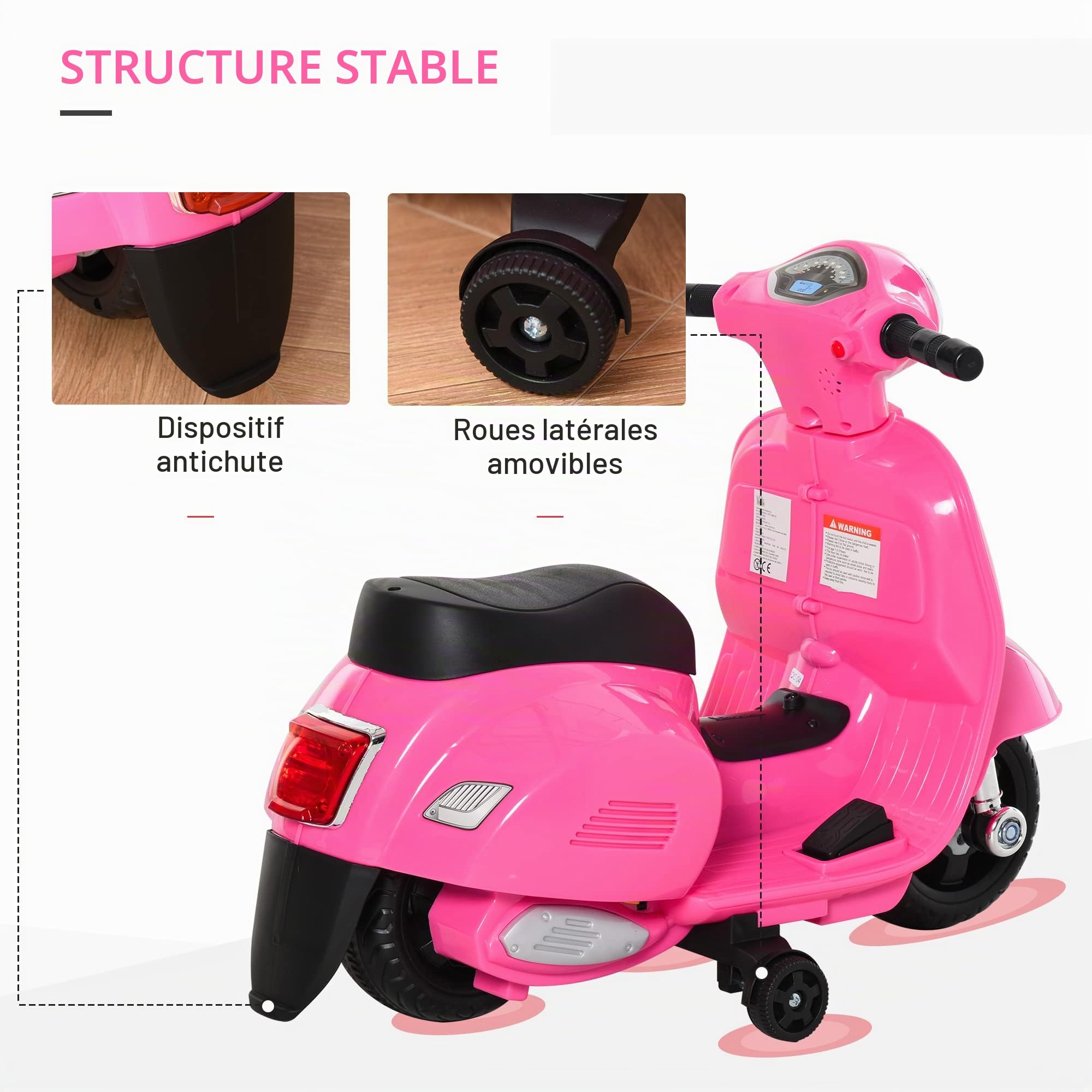 HOMCOM Moto électrique Enfant 6V Vespa Officielle 66.5x38x52cm Rose