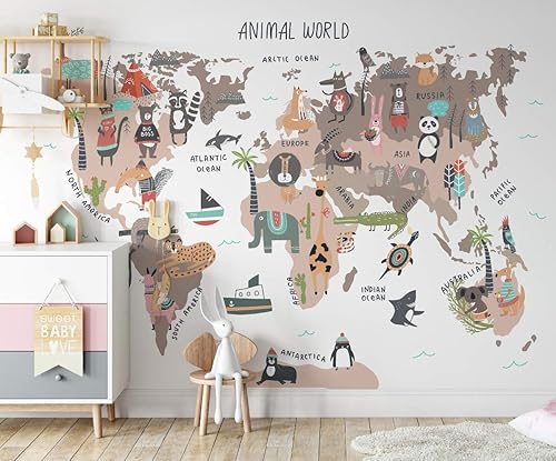 Vista 3 de Murwall Kids Wallpaper World Map Wall Mural Map Wallpaper Cartoon Animals Wall Mural Kids Room Nursery