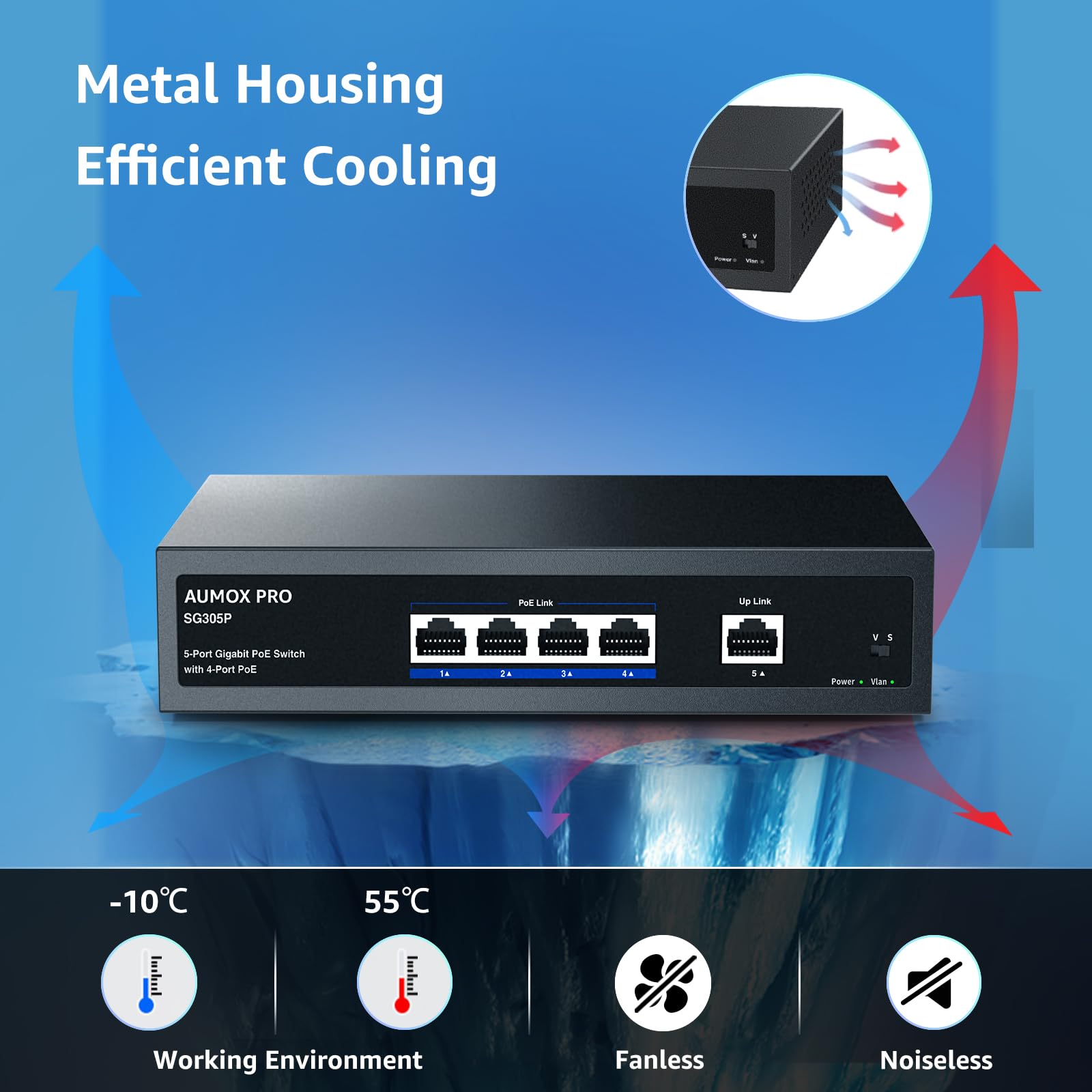 SG305P Commutateur PoE Gigabit Ethernet 5 ports non géré avec 1 port Gigabit montant 78 W, Plug and Play, commutateur réseau VLAN en métal robuste sans ventilateur 802.3af/at, montage mural