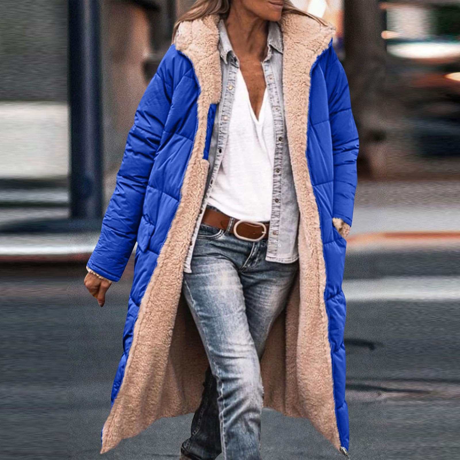 Generisch Wintermantel Damen Lang Warm Winterjacke Gefüttert Elegant Fleecejacke Winter Steppmantel Einfarbig Parka Mit Reissverschluss Winterparka Mit Taschen Mantel Thermo Dicke Damenmantel Langarm