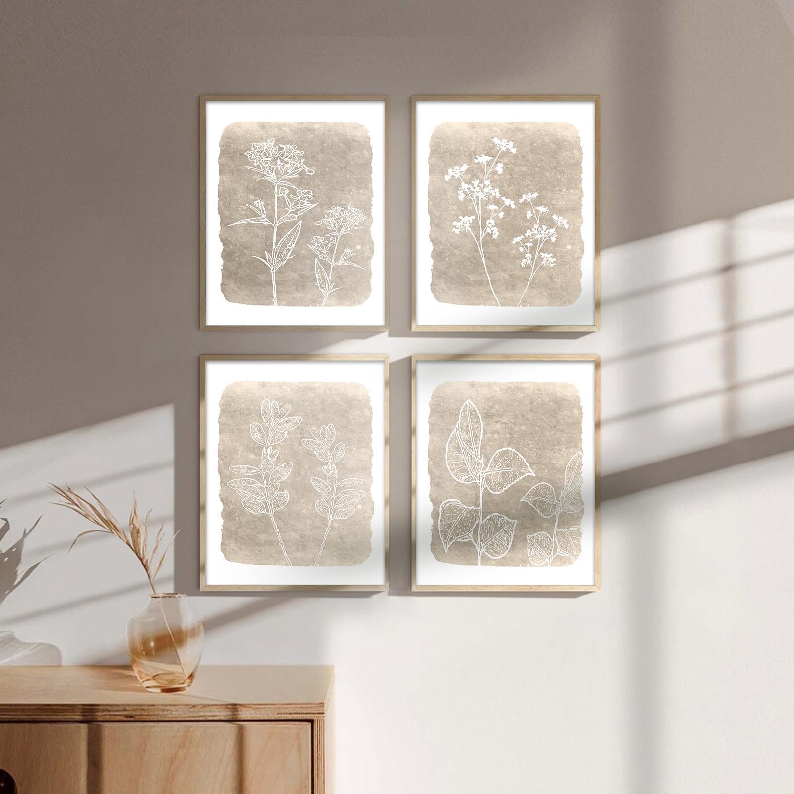 HPNIUB Leinwand-Wandkunst-Set – 3 Botanische Vintage-Bilder, 16x61 Cm, Neutrale Blumenmotive Für Wohnzimmer & Schlafzimmer
