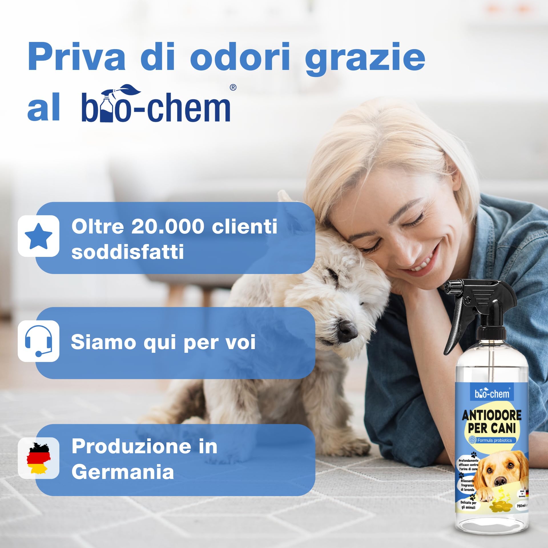 Bio-Chem - Rimuovi odori per cani 3 x 750 ml - Rimuovi odori di urina di cani - Detergente della lettiera del cane - Prodotti per la pulizia della casa