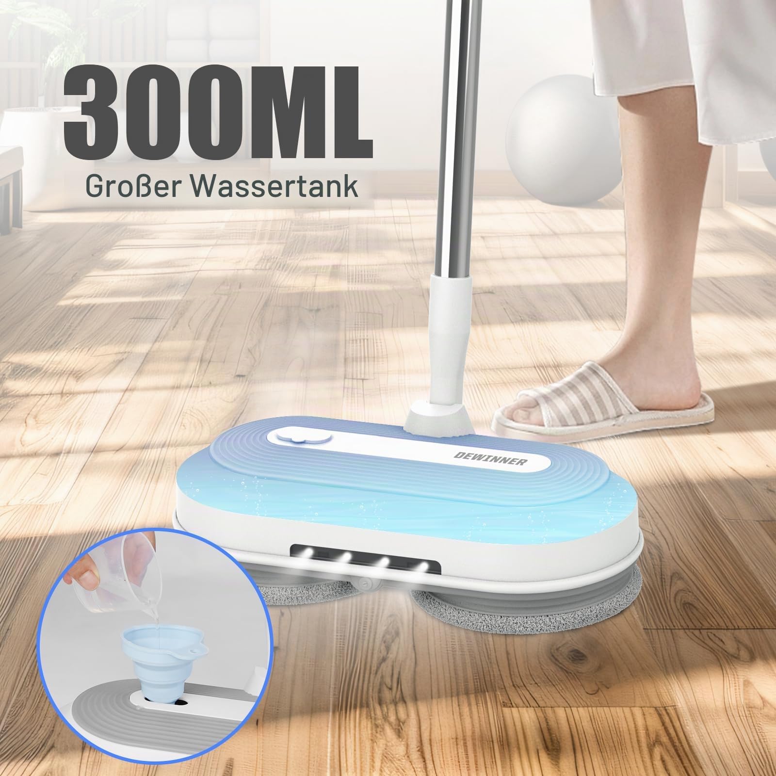 DEWINNER Kabelloser Wischmopp mit 2.0Ah Akku & 300ml Wassertank | Doppel-Rotationssystem (150 U/min) | LED-Arbeitslicht | Höhenverstellbar | Für Böden & Terrassen