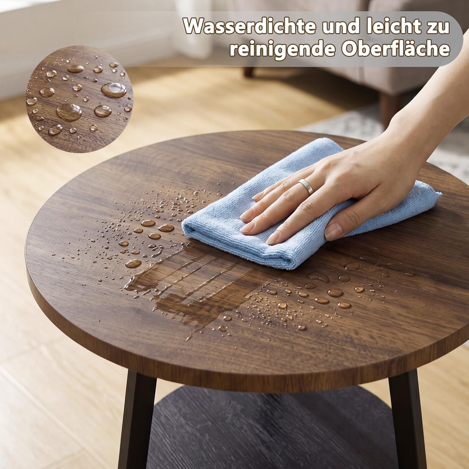 Beistelltisch Rund, Couchtisch Klein mit 2 Etagen, Runder Holz Beistelltisch im Vintage Stil, Nussbaumoptik für Wohnzimmer & Schlafzimmer