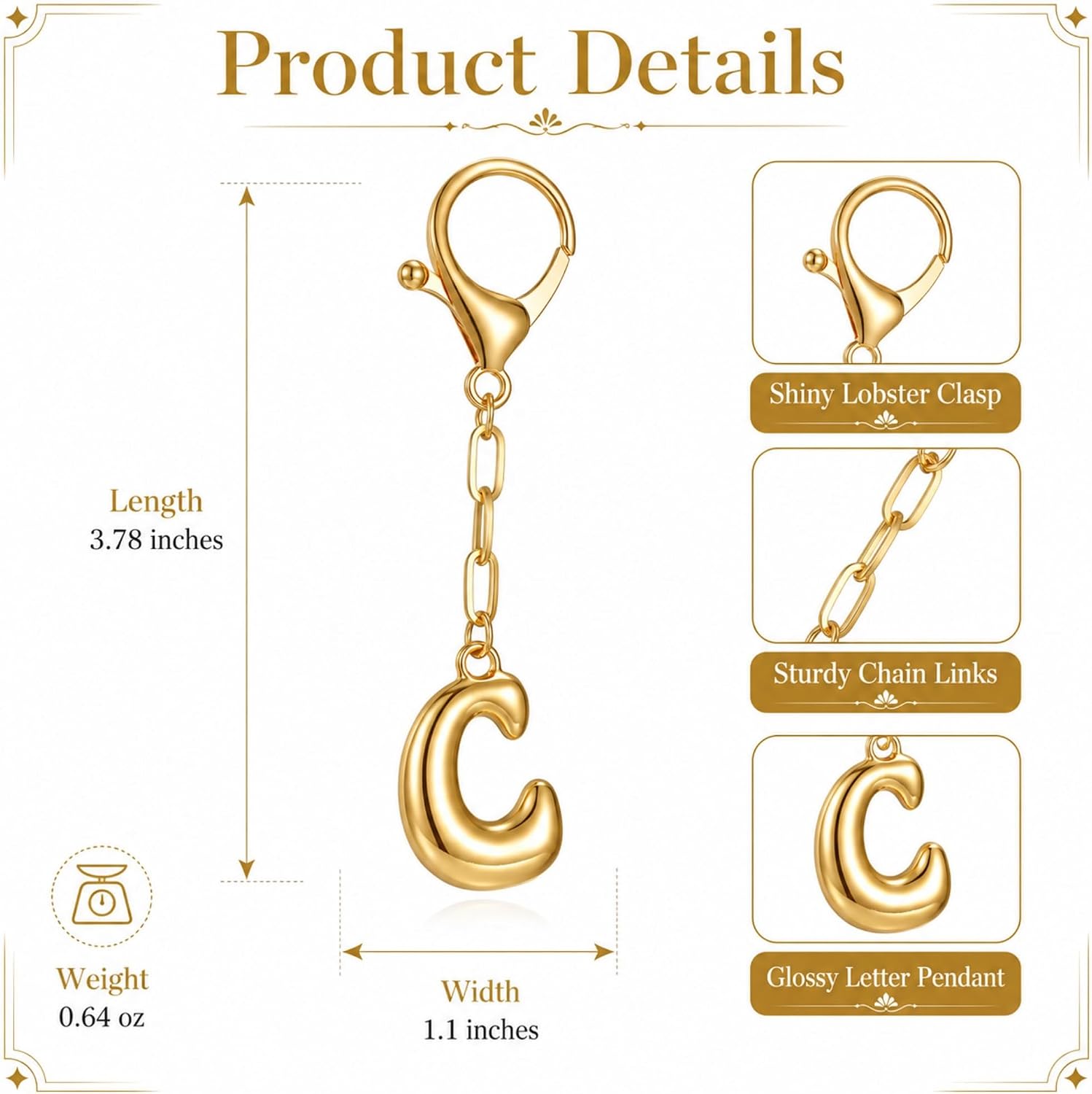 Gold Initial Keychains Bubble Letter A-Z Bag Charm for Women Purse Charms