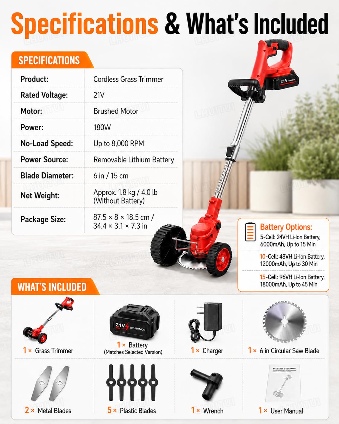 Cortabordes Inalámbrico con Disco de Sierra de 15 cm y 7 Cuchillas Black-5-CellBattery | El disco corta ramas pequeñas, las cuchillas metálicas trabajan maleza densa y las plásticas perfilan el césped