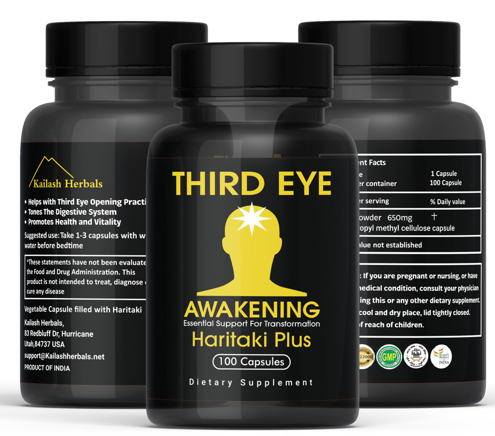 Third Eye Awakening – Organic Haritaki Capsules (Terminalia Chebula) – 650 mg – 100 Vegan Capsules – Ayurvedic Herbal Supplement