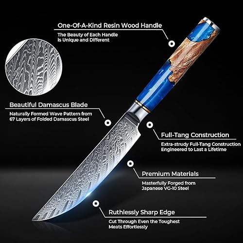 Miniatura 3 de SENKEN - Juego de cuchillos para carne de damasco, colección Tsunami, acero japonés VG10 de 67 capas, cuchillas afiladas sin dentar, resina azul y