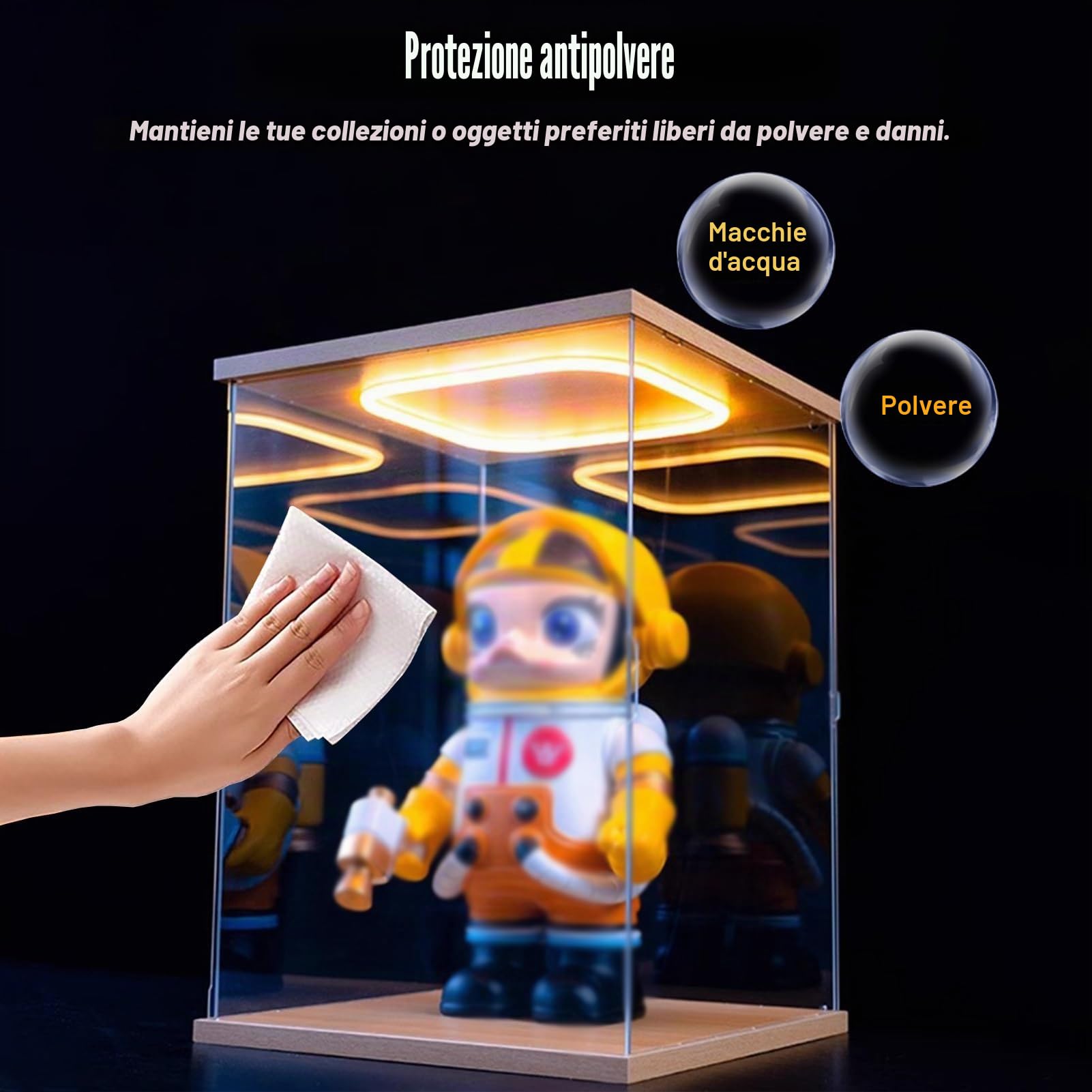 Teca Plexiglass Vetrina Espositiva Quadrata In Acrilico Trasparente con Luce a LED, 10 15 20 25 30 35 40 45 50 60cm Scatola Espositiva Coperchio, Vetrinetta Action Figure(40x40x40cm/16"x16"x16")
