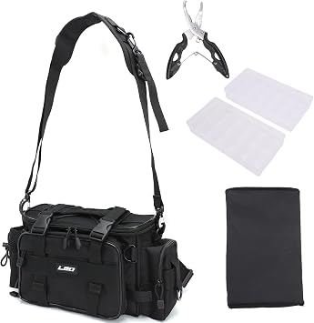 Fishing Tackle Bag with 2 Storage Boxes, Watertight Shoulder Bag with Adjustable Straps, 23-Tray Organizer for Lures, Hooks & Fishing Gear Accessories Black Set