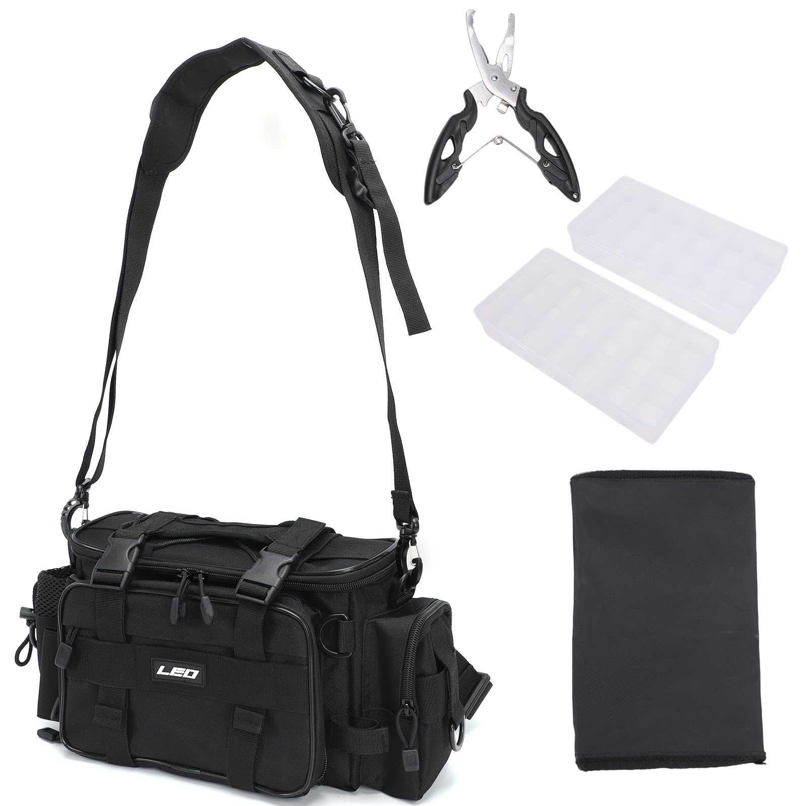 doorslay Fishing Tackle Bag with 2 Storage Boxes, Watertight Shoulder Bag with Adjustable Straps, 23-Tray Organizer for Lures, Hooks & Fishing Gear Accessories (Black Set)