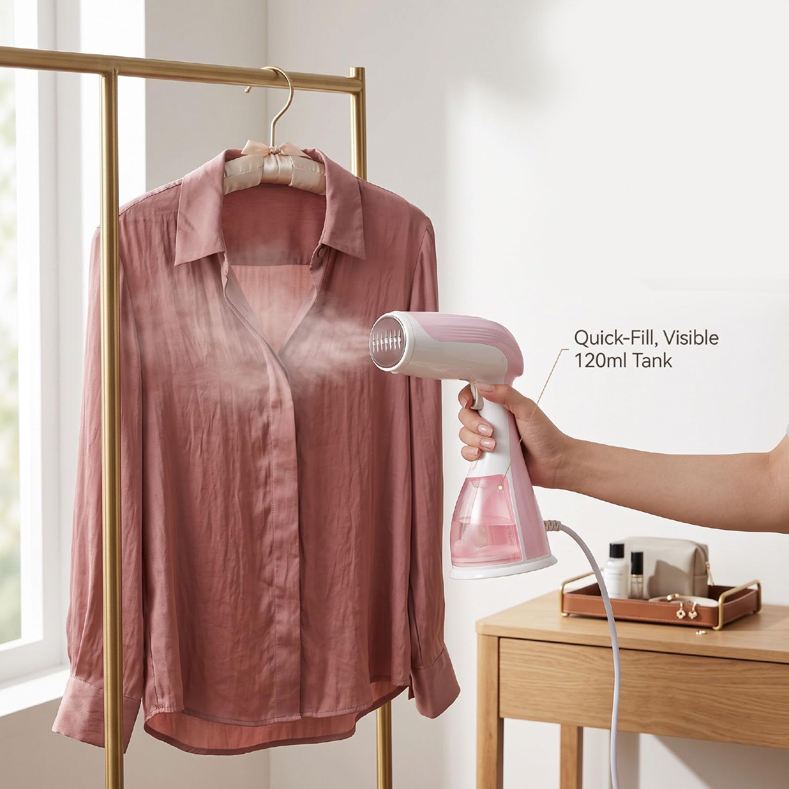 Naroote Rosa Handdampfbügeleisen 330ml durchsichtiger Tank Reise | Edelstahl Dampfplatte, 330ml Sichtbarer Tank, Reinigungsbürste + Messbecher, Kompakt Tragbar, für Seide Wolle Alle Stoffe
