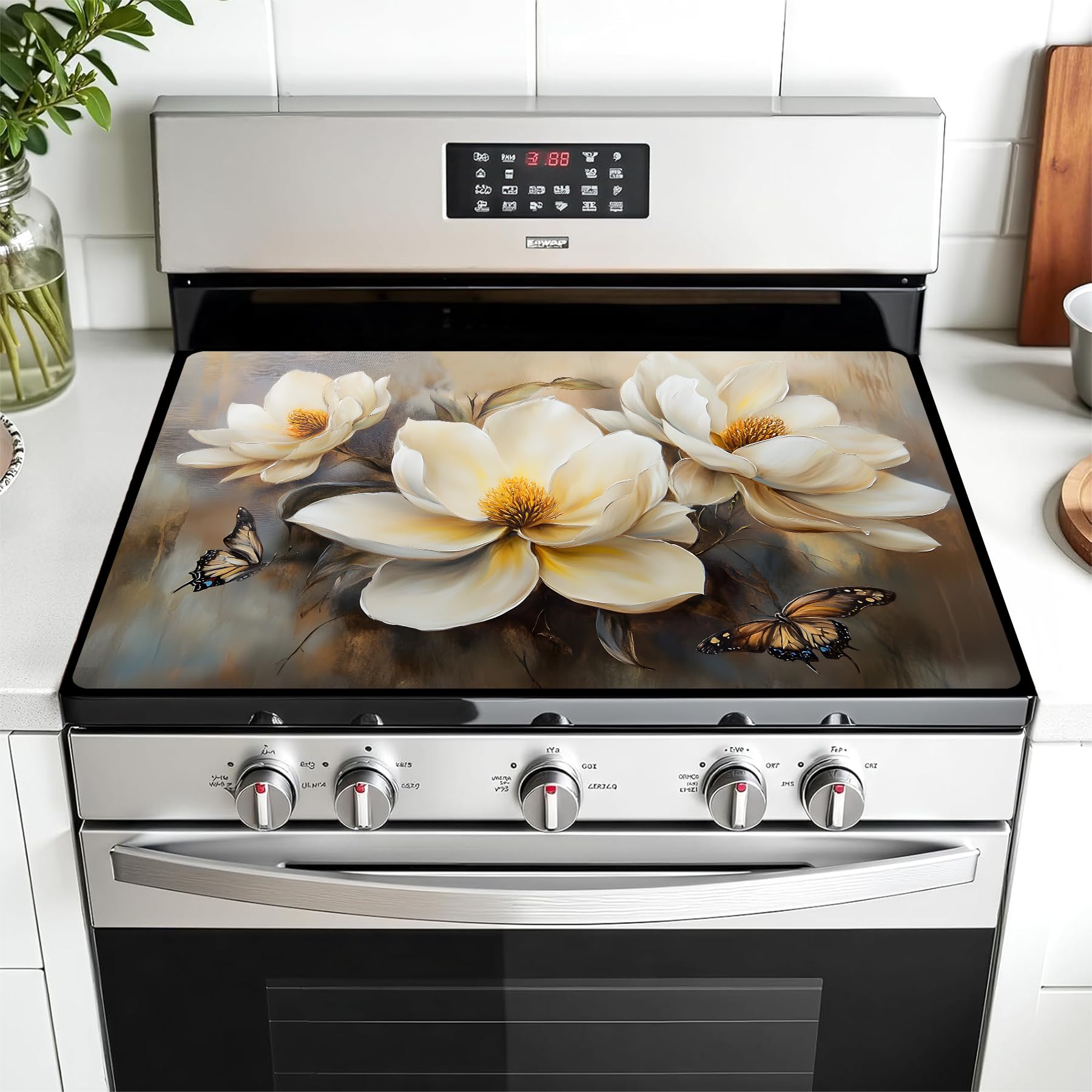 Multi-Design Stove Top Cover for Glass/Electric Stoves - 3-in-1 Heat-Resistant Protector Mat, Non-Slip Drying Rack 28"x20" (Flower-Butterfly, 28" L x 20" W)