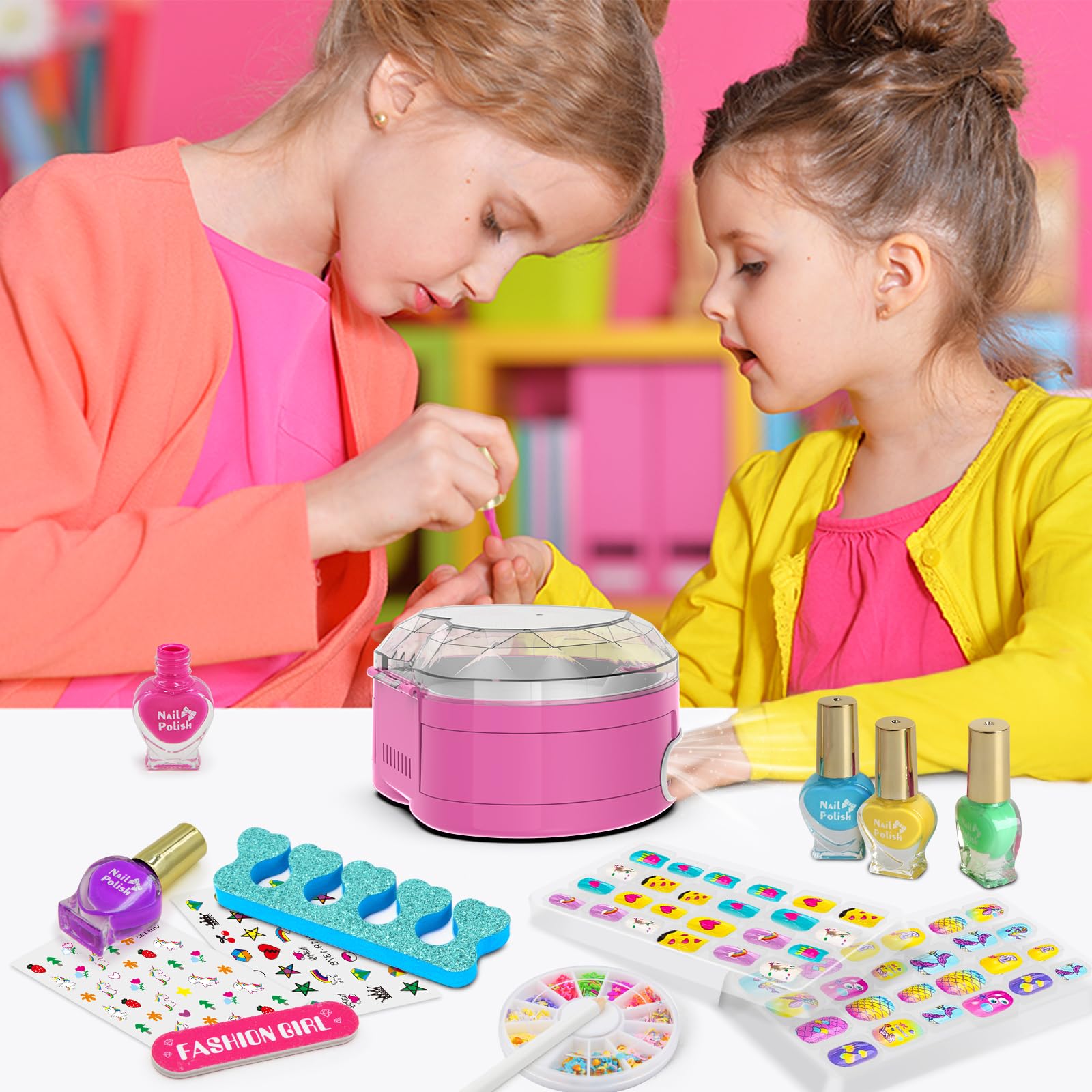 Juego de esmaltes de uñas para niñas, kit de arte de uñas para niños de 7 a 12 años, salón de uñas todo en uno con secador de uñas y uñas postizas a presión, decoración de bricolaje, esmalte 7