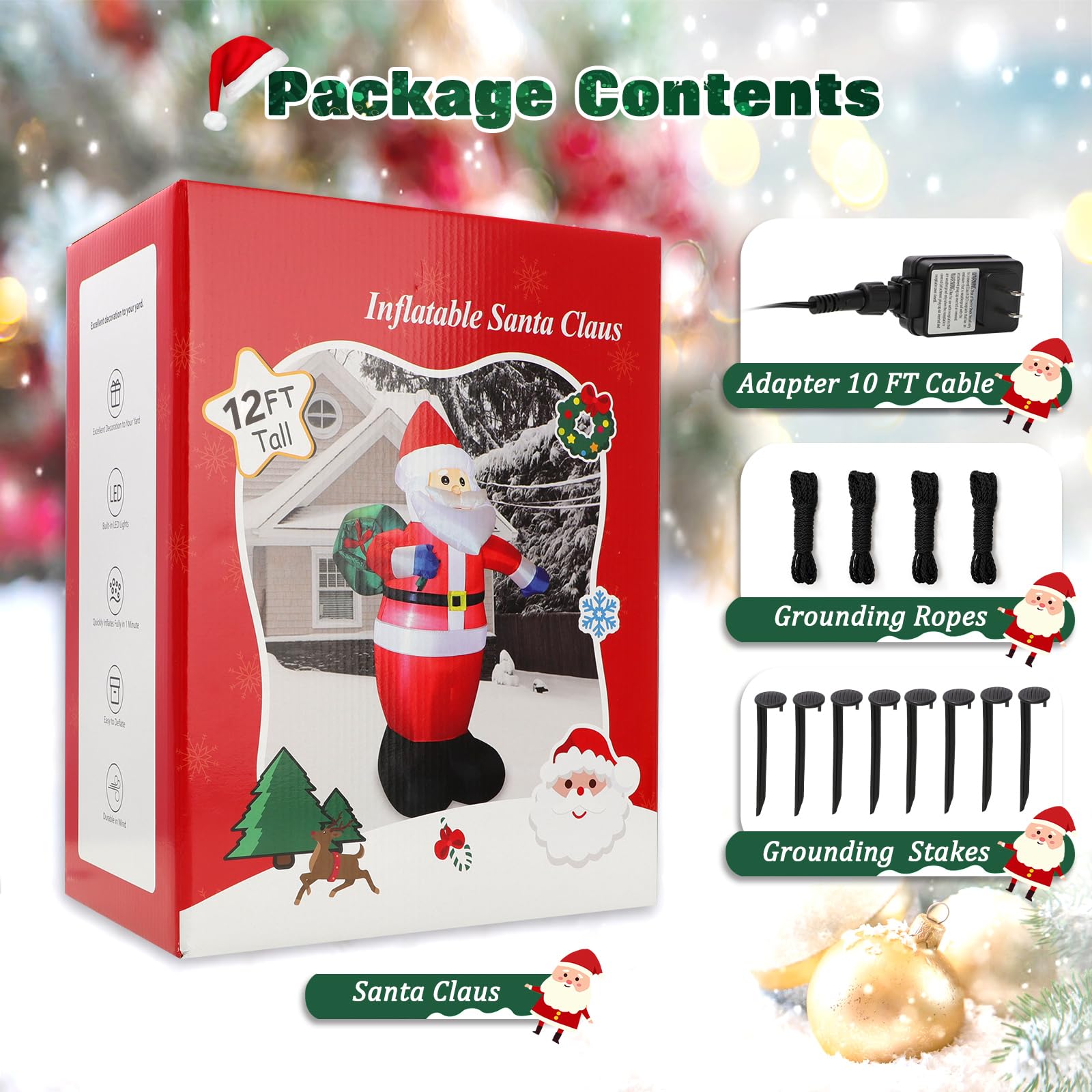 12 Feet Giant Christmas Inflatable Santa Claus Outdoor Yard Decorations, Blow up Santa Claus with Gifts Bag, Giant Santa Carrying Present Sack, Outside Waterproof Xmas Decor for Holiday Party Garden