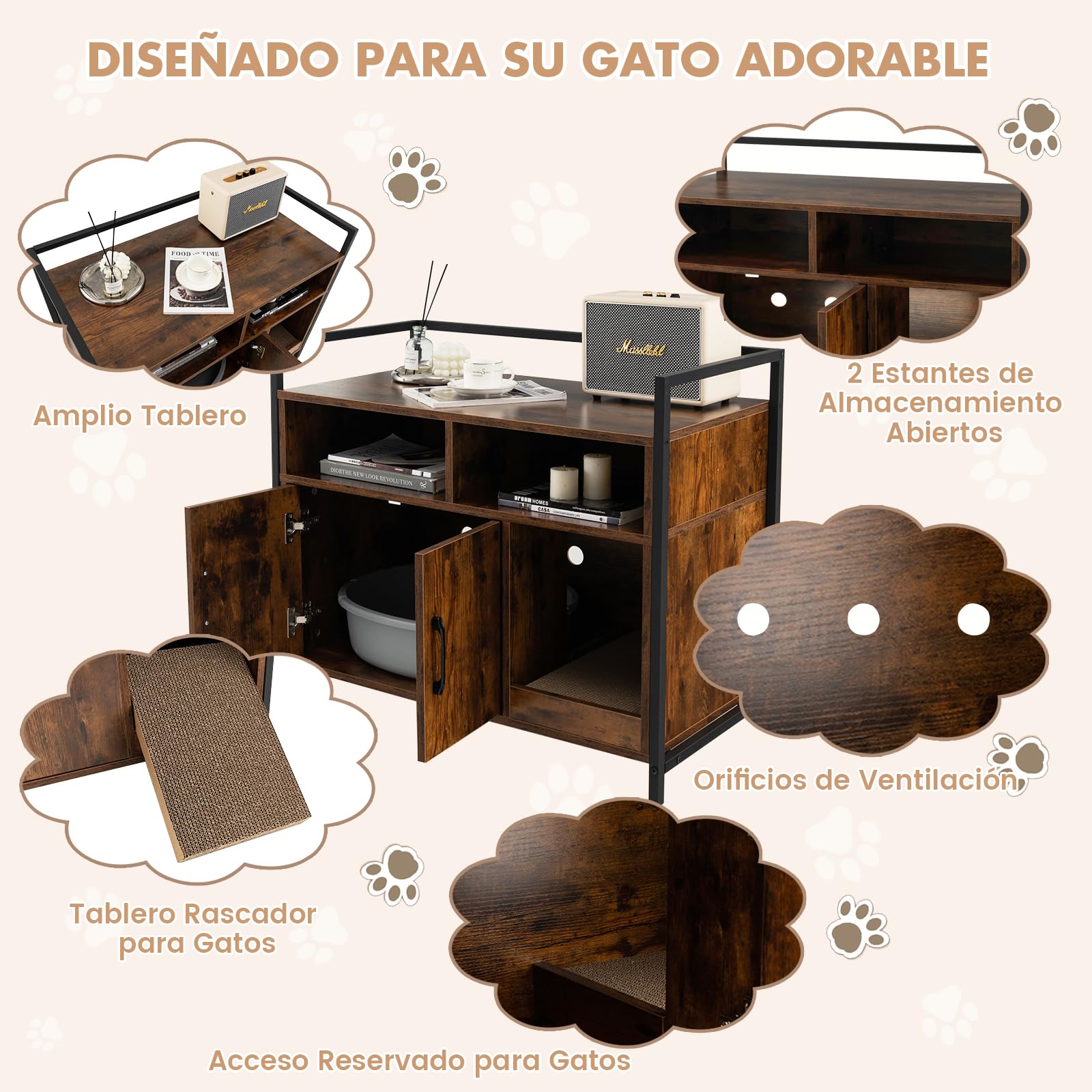 GOPLUS Mueble Arenero para Gatos con Estructura de Metal, Aseo Cerrado con Estantes, Casa de Mascotas Interior, Lavabo Oculto, Marrón, 89 x 45 x 74,5 cm