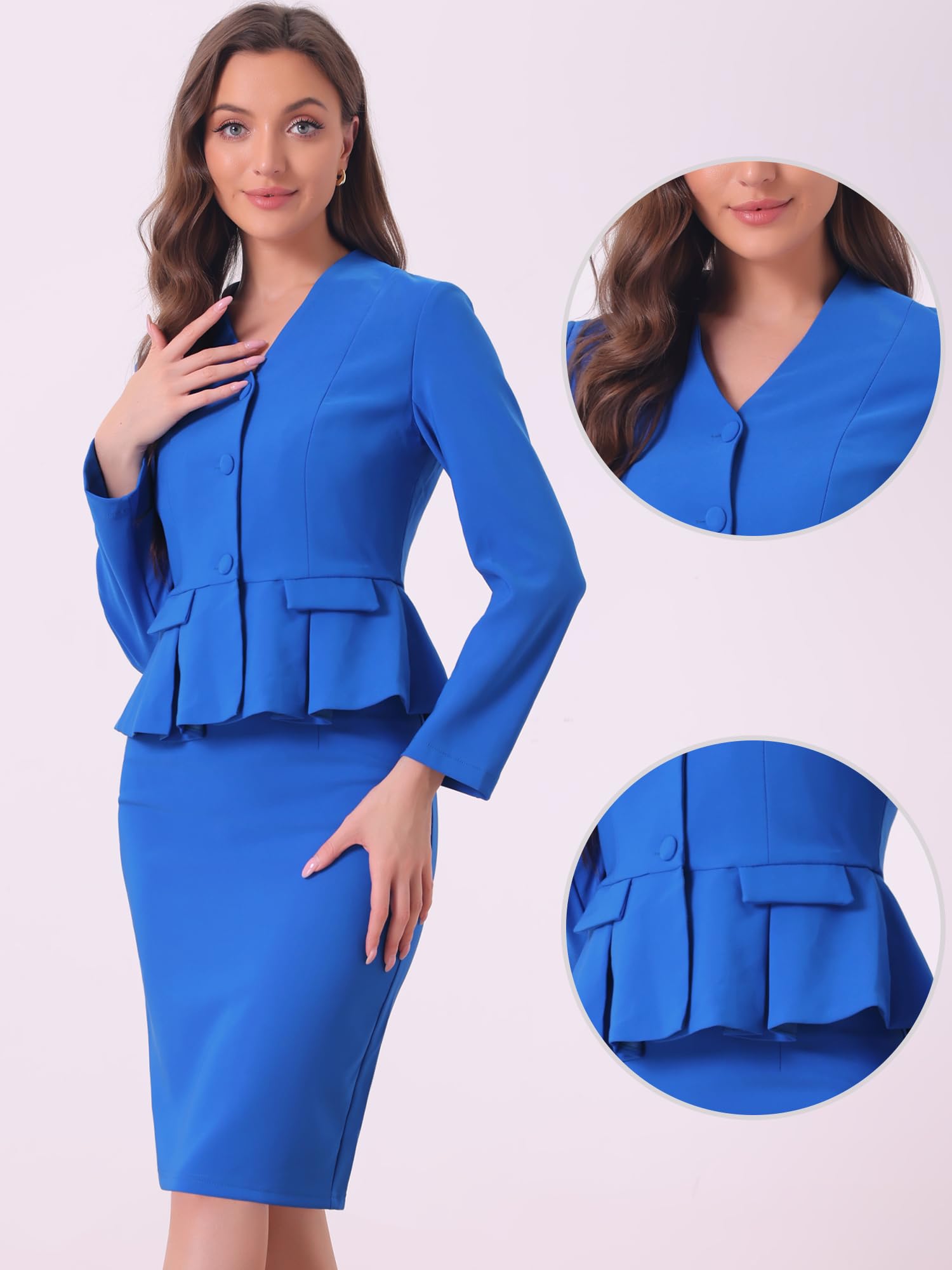 Allegra K Conjunto de traje de negocios de 2 piezas para mujer, disfraz del día de la madre, manga larga, sin cuello, blazer peplum, faldas lápiz