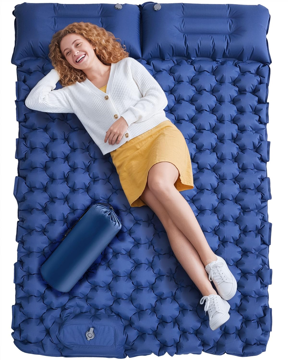 Isomatte Camping für 2 Personen, Verdicktes Aufblasbare Luftmatratze mit Fußpumpe & Kissen, 40D-Nylon Wasserdicht Camping Matratze Aufblasbar, für Reise, Outdoor, Kleines Packmaß, 200 x 125cm(Blau)