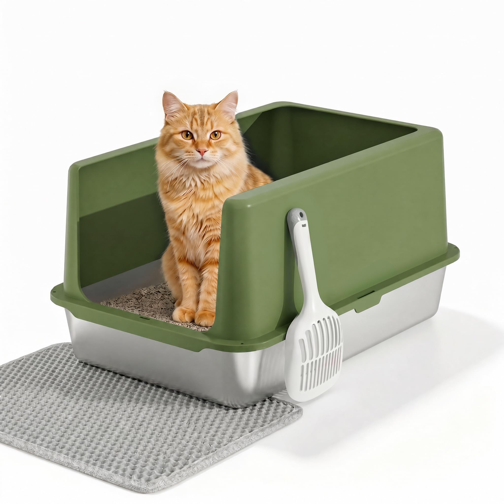 Stainless Steel Cat Litter Tray with Lid, 60x40x30.5cm High Sides, Green